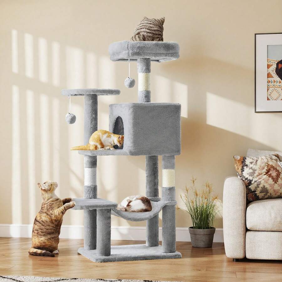 Large Multi-Level Cat Tree, 44 Inches Tall With Sisal-Covered Scratching Posts, Condo, Hammock, Dangling Ball, And Extended Platform For Cats To Play And Sleep - Light Grey - View 1