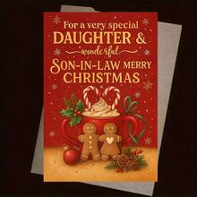 1 Peça Cartão de Natal para Filha e Genro - Design de Família de Pão de Gengibre Vermelho e Dourado com Recortes de Coração, Lembrança Festiva de Férias para Pais, Presente para Sogros, Cartão de Papel Fácil de Enviar para Comemorações Familiares - Multicolorido - Visão 6