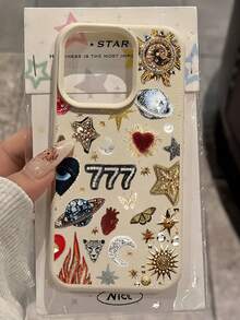 星形元素 TPU 白色时尚防震手机壳，单件装，白色珍珠刺绣星星和数字 7 图案，全包式设计，兼容苹果 16、15、14、13、12、11 Pro Max 系列，国际版，非国内版，生日礼物 - 彩色 - 查看 4
