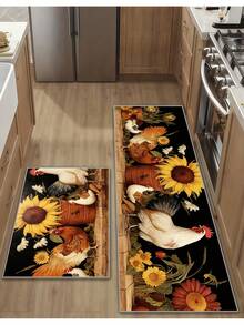1 szt. Urocza mata kuchenna w stylu wiejskim – wzór kurczaka i słonecznika, zmywalny dywanik wejściowy, odpowiedni do kuchni, jadalni, wystroju wnętrz, wnętrz, dekoracji wiosennych – miękki, antypoślizgowy, łatwy do czyszczenia, trwały, wielofunkcyjny dywanik do miejsc o dużym natężeniu ruchu