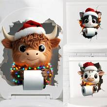 1pc Christmas Toilet Sticker - Funny Highland Cow And Cat Bathroom Decor, Vinyl Toilet Sticker, Toilet Decor Sticker - Multicolor - View 1