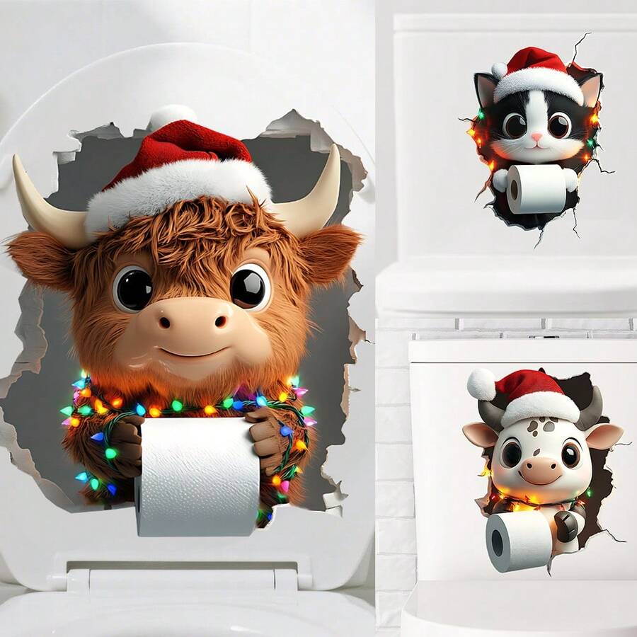 1pc Christmas Toilet Sticker - Funny Highland Cow And Cat Bathroom Decor, Vinyl Toilet Sticker, Toilet Decor Sticker - Multicolor - View 1