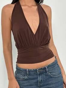 Women's Summer Halter Tops Stylish Solid Ruched Slim Fit Backless Night Out Sleeveless Vest Cami Shirts - Khaki - View 5