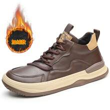High-Top Men's Shoes Cowhide Versatile Brown Retro Genuine Leather Fleece-Lined Casual Sneakers Men's Cotton Shoes - 9010年黑色春秋款 - 查看 5