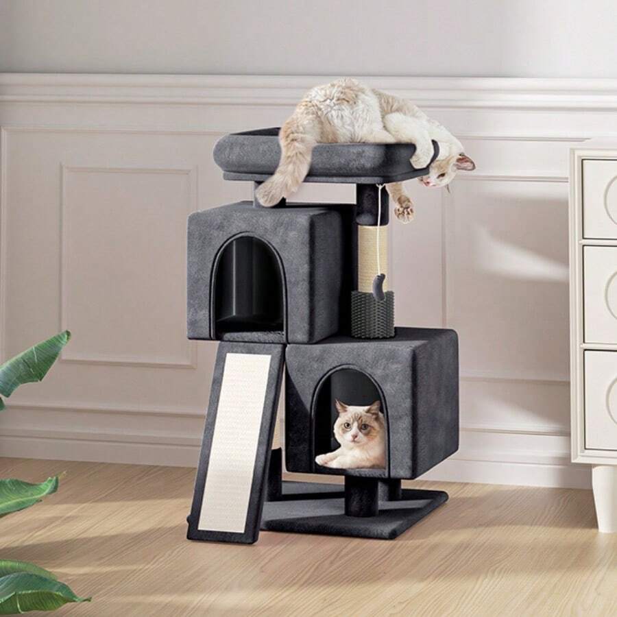 Cat Tree, 34 Inch Cat Tree Tower With 2 Cat Condo, Cat Tower With Scratching Post & Sisal-Covered Scratching Board, Cat Climbing Tower, Cat Tree For Indoor Cats - 深灰色 - 查看 1