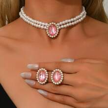 1 Bộ trang sức kiểu Châu Âu hai lớp bằng ngọc trai giả, gồm bông tai đính đá Emerald và dây chuyền ôm sát cổ, trang sức cưới cổ điển thanh lịch, phụ kiện ngày Valentine. - Hồng - Xem 7