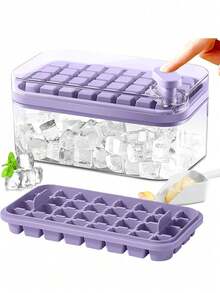 Bandeja para cubitos de hielo con tapa y compartimento de almacenamiento, apta para el congelador (morado) - Morado - Ver 1