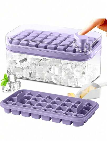 Bandeja para cubitos de hielo con tapa y compartimento de almacenamiento, apta para el congelador (morado)