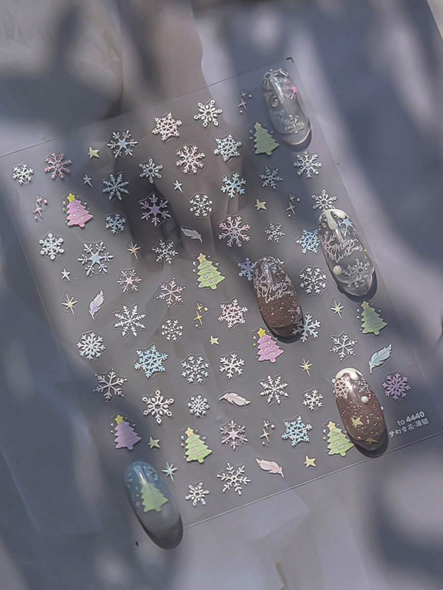 圣诞指甲贴纸，5D 浮雕金色雪花指甲贴花圣诞树圣诞快乐雪花冬季指甲设计节日美甲装饰女士女孩 - 彩色 - 查看 1