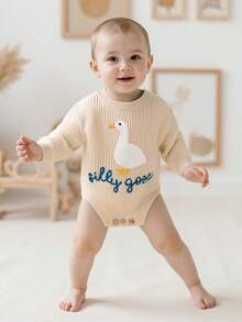 Newborn Infant Cute Goose Letter Embroidery  Romper Jumpsuit Baby Knitted Sweater Long Sleeve Round Neck Rompers Newborn Girl Boy Goose Funny Romper Reveal Pregnancy Announcement Clothes - 米色 - 查看 9