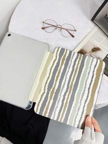 1pc Transparent Pencil Slot 3-Fold Gray Fuzzy Striped Painted Flat Protective Case, Built-In Pencil Slot, 3-Fold Stand, TPU Soft Edge Anti-Fall Wear-Resistant, Magnetic Sleep/Wake, Minimalist/Creative/Personalized/Fun/Cute/Niche IPad 3-Fold Tablet Case With Pencil Slot