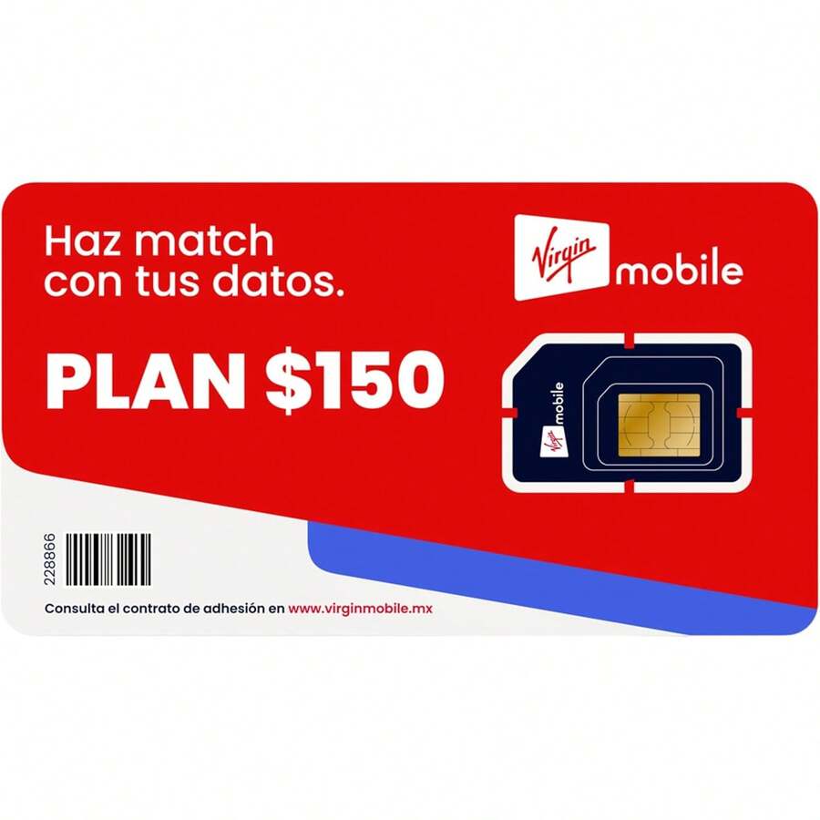 Chip Virgin Mobile 150| 15 GB totales +  ilimitado (Tarjeta SIM física)| 7 GB libres (Comparte Internet)| 1 GB de video| 7 GB Redes sociales y apps| ILIMITADAS:  y Música