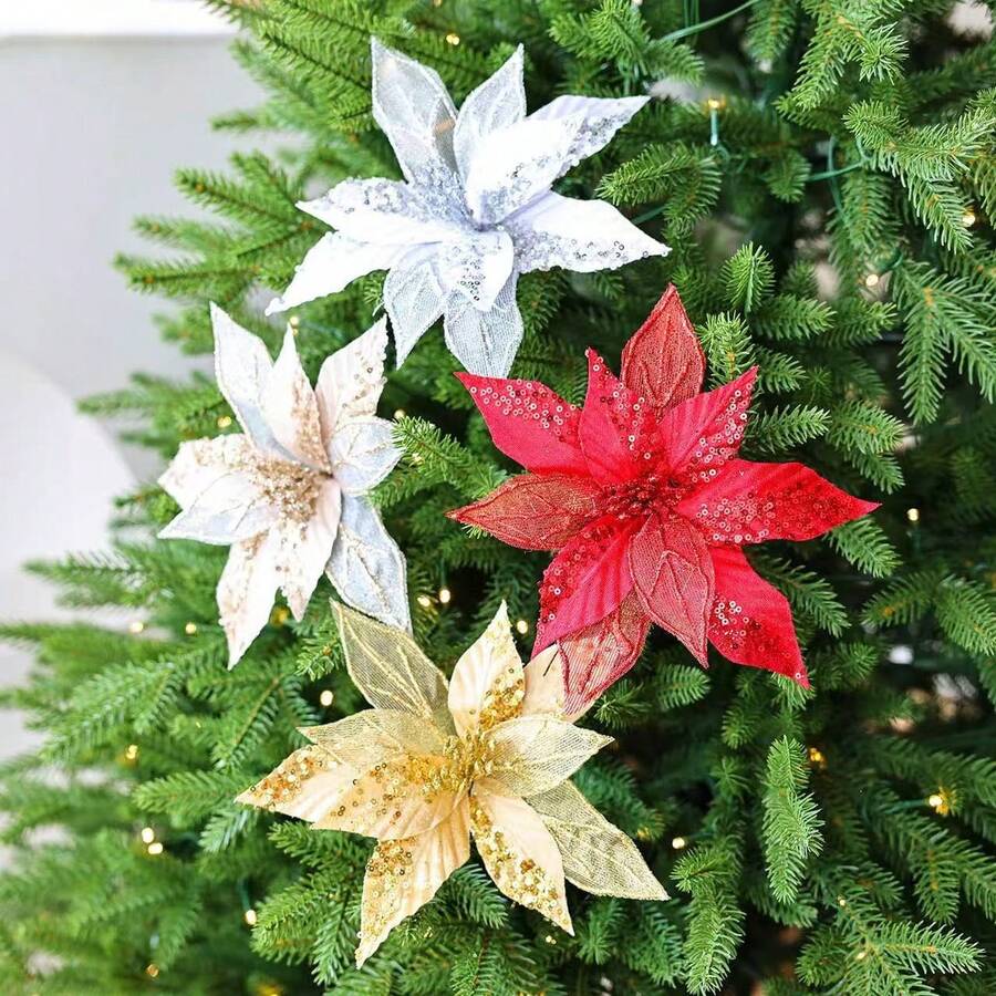 Artificial Mesh Flower Christmas Flower Christmas Tree Decoration, Sequin Velvet Handmade Flower, Gold Powder Christmas Flower Home Decor Christmas Decorations Room Decor