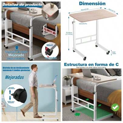 Escritorio para Laptop, Escritorio de pie mvil con Altura Ajustable, Mesa con Ruedas para Cama, fcil de Montar, para Oficina, Desayuno, caf 60x 40, Negro Cepillado