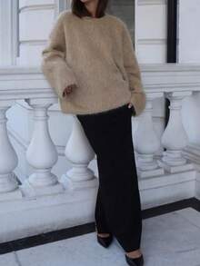 Women's Elegant Solid Color Casual Minimalist Dropped Shoulder Round Neck Loose Mohair-Like Sweater, Going Out Tops For Women, Brown Top, Women's Winter Sweater