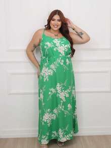 Vestido longo feminina  plus size estampado - Verde - Visão 1