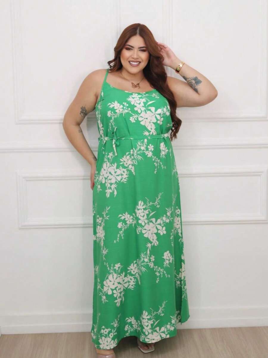 Vestido longo feminina  plus size estampado - Verde - Visão 1