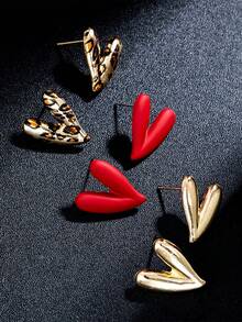 3 Pairs Fashion Personalized Metal Enamel Leopard Print & Heart Shaped Earrings Set, Suitable For Women's Parties And Various Occasions - Multicolor - View 3