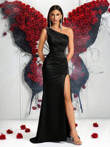 Elisanya Vestido elegante com strass, cintura alta, franzido, fenda nas costas, sem amarração, adequado para baile de formatura, festa, aniversário, encontro romântico, baile de formatura, convidada de casamento, jantar formal - Preto - Ver 3