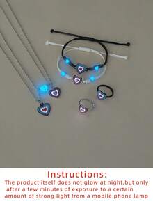 ATLVXJL 6件套夜光情侣/友谊爱心、彩虹、双心吊坠项链、手链、戒指套装，休闲佩戴及情人节礼物 - 彩色 - 查看 9