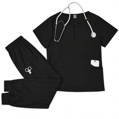 1 Set Women's Short Sleeve Zipper Scrub Uniform With Round Neck And Pocket, Women's Solid Color Zipper Short Sleeve Top And Pants Casual Scrub Uniform Set, Fitted Nurse Scrub Uniform, Suitable For Hospital Work, Scrub Uniform Set, Beauty Surgery Scrub Uniform Set