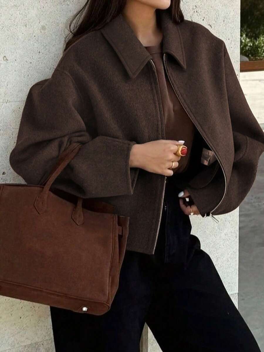 Women's Elegant Minimalist Vintage Suede Jacket, Suitable For Daily Commute