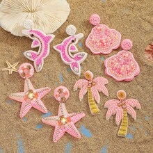 一对情人节手工串珠格子心形耳环，可爱龙虾吊坠长款耳环，适合作为母亲节、情人节、生日、婚礼、订婚、新娘礼物 - 彩色 - 查看 2