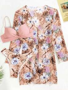 3 Piece Bikini Swimsuit Set With Positioning Print, Beachwear And Women's Vacation Fashion - 粉色 - 查看 8