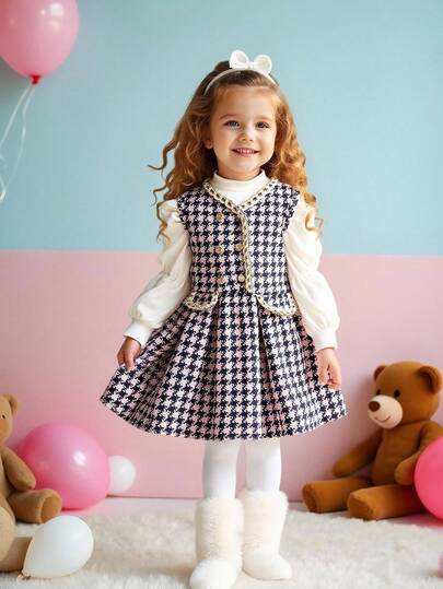 Set de 2 vestidos de niña para otoño/invierno, vestido de terciopelo a cuadros + blusa de manga larga color albaricoque, de moda, elegante, adecuado para uso casual, diario y escolar