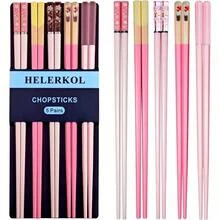 - 5 pares de palillos de fibra de vidrio rosa japons, de palillos coreanos, reutilizables, antideslizantes, aptos para lavaplatos, 9.6 pulgadas de largo, 5 patrones - 5 pares de palillos rosados - Ver 9