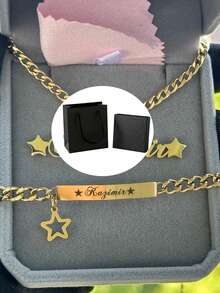 2 Stücke Geschenk zur Schulanfang, personalisiertes Schmuckset, bestehend aus personalisierter Stern-Namenskette und Armband-Set, Edelstahl-Stern- und Kronen-Anhänger mit eingraviertem Namenskette, einfaches, lässiges, hippes, gotisches, punk-artiges, personalisiertes, einzigartiges Geschenk für sie, ihren Freund, ihre Freundin, ihren Vater