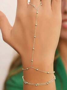 1 Pc Multilayer Metallic Ball Chain Link Finger Hand Bracelet, Unique Design For Women, Suitable For Summer Beach - Silver - View 2
