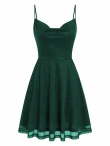 优雅闪亮网纱露背迷你裙，浪漫情人节、春季派对、节日装扮、夜间外出、生日礼服、婚纱 - 墨綠色 - 查看 5