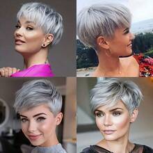 Elegant Gray Wig Human Hair Wig Pixie Cut Wig Short Hair Wig With Bangs Glueless Wig Straight Wigs Halloween Cosplay Wig Family Costume Wig 6-Inch Rose Mesh Hat, Comfortable To Wear, Suitable For All Women - Xám - Xem 7
