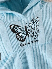 2 件套女婴甜美温柔蝴蝶印花字母针织连帽衫和裤子套装 - 淺藍色 - 查看 4