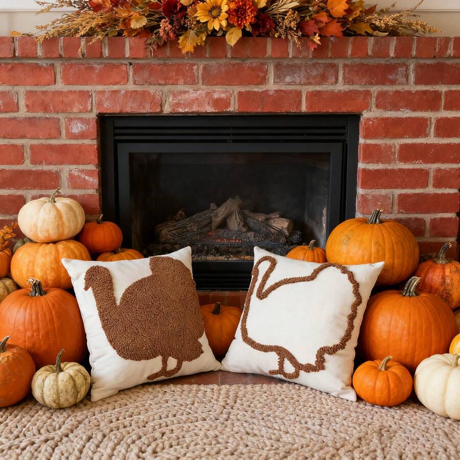 1 buc. Față de pernă din pluș brodată cu model de curcan, față de pernă decorativă de Ziua Recunoștinței cu broderie 3D