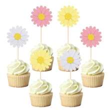 6 pièces/12 pièces/24 pièces Fleurs roses blanches jaunes de marguerite, Décorations de cupcakes pour anniversaire, mariage, fête. Fournitures DIY pour la décoration de cupcakes