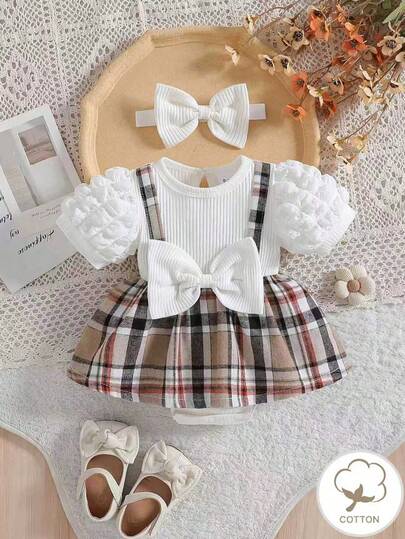 Sommarmode Elegant Baby Girl Kontrastribbad Peplum Romper med rosett pannband, 2-i-1 design