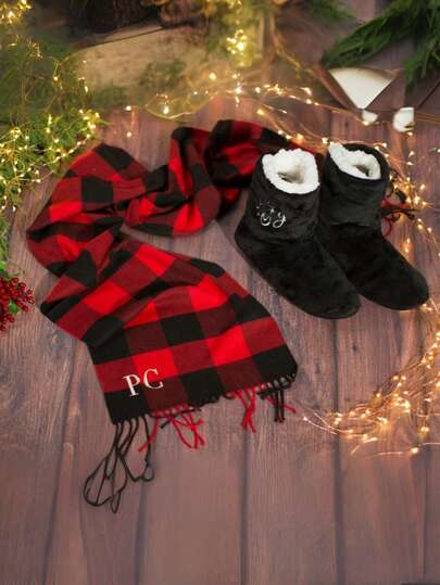 1 Pc Custom Buffalo Plaid Scarf, Unisex Plaid Imitation Cashmere Warm Scarf, Customized Holiday Gift For Her, Red Plaid Gray Taton Cloth Scarf, Fashionable, Colorful, Vintage, Simple, Stylish, Autumn Fashion, Old Money Customized, Personalized, Unique, Customized Ideal Gift For Him/Her, Winter Fashion, Christmas Gift, Christmas Decoration, Personalized Christmas Ornaments