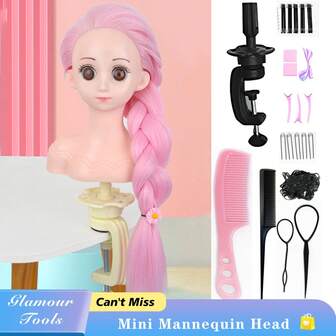 Cabeza de maniquí cosmética sintética en miniatura para práctica de peinado, adecuada para peinar, trenzar, rizar y cortar, viene con soporte de abrazadera y herramientas.