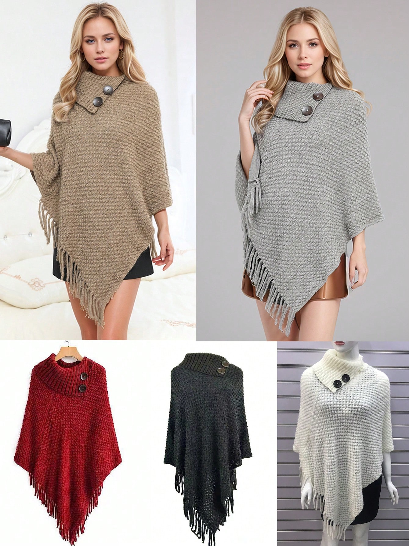 1 قطعة بونشو نسائي مصنوع من الصوف بياقة عالية وأزر...