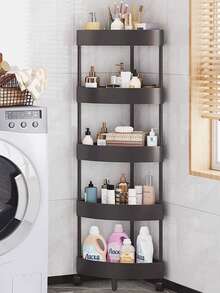 Um organizador de canto triangular de cinco camadas com quatro divisórias e três níveis, feito de plástico com rodízios, é ideal para guardar todos os itens essenciais do dia a dia no banheiro e na cozinha. É muito prático de montar, desmontar e mover, e não ocupa muito espaço. (Este produto é feito de plástico ABS de qualidade comum. A cor pode variar de branco a branco claro, podendo haver pequenas diferenças de tonalidade.)