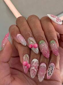 24Pcs Minimalism Style Yellow & Pink Flower Decor French Manicure Medium Almond Shaped Artificial Nail Tips, Suitable Office Ladies, Daily Wear, Dates, Afternoon Tea, Outdoor Activities Press On Nails Nail Supplies Nails - 多色 6 - 查看 2