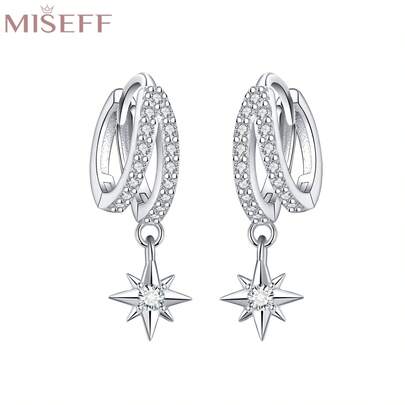  MISEFF New 1 Pair S925 Sterling Silver Earrings Double-Circle Starburst Earring For Girl Women Exquisite Leisure Earrings Fine Jewelry Gift Birthday Present