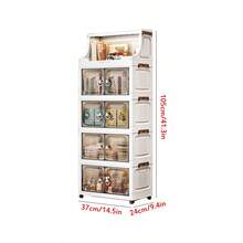 1 pieza Gabinete de almacenamiento plegable de plástico, organizador de juguetes para sala de estar con puertas dobles para el hogar, gabinete de almacenamiento con ruedas para dormitorio, caja de almacenamiento tipo armario, estantería organizadora de cocina - transparente - Ver 13