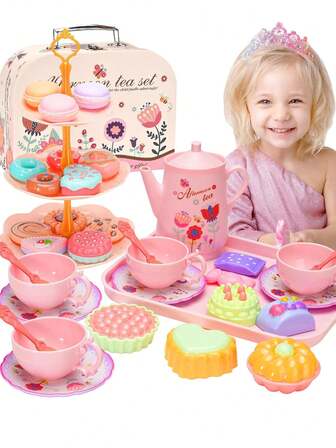 Juego de té para niñas pequeñas y niñas de 3 a 6 años - Juguete de cocina de juego de princesa con juego de té de lata, postres y estuche de transporte