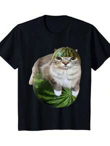 Funny Watermelon Cat Meme T-Shirt For Men And Women, Vintage Style Genz Dank Tee, Unisex T-Shirt, Gift For Cat Lovers, Silly Cat Meme T-Shirt, Ironic T-Shirt,  Ahh T-Shirt, Gift For Women And Men, Watermelon Cat T-Shirt - màu đen - Xem 1