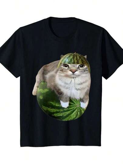 Camiseta de divertido de gato sandía para hombres y mujeres, camiseta vintage estilo Genz Dank, camiseta unisex, regalo para amantes de los gatos, camiseta de memes de gato tonto, camiseta irónica, camiseta Ahh, regalo para mujeres y hombres, camiseta de gato sandía 02MZ