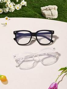 2 PCS Boys Girls 9-14Y Acrylic Square Frame Campus Style Anti Blue Light Glasses,Square Frame Clear Glasses For Daily Reading Use