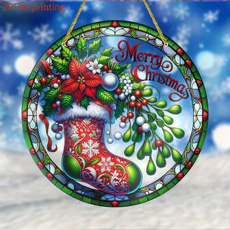 2D Flat Printing, Vibrant Christmas Cheer Light Catcher - Acrylic Decoration Featuring Holiday Stockings And Holly Designs - Perfect For Window, Wall, Bar Decoration - Ideal Housewarming Gift And Holiday Gift, For Holiday Window Decoration